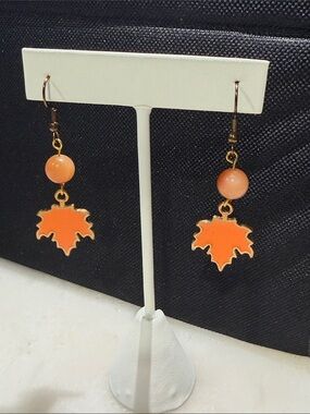 Orange Leaf Earrings with Jade Crystal Bead Accent Fall Hand Crafted Jewelry